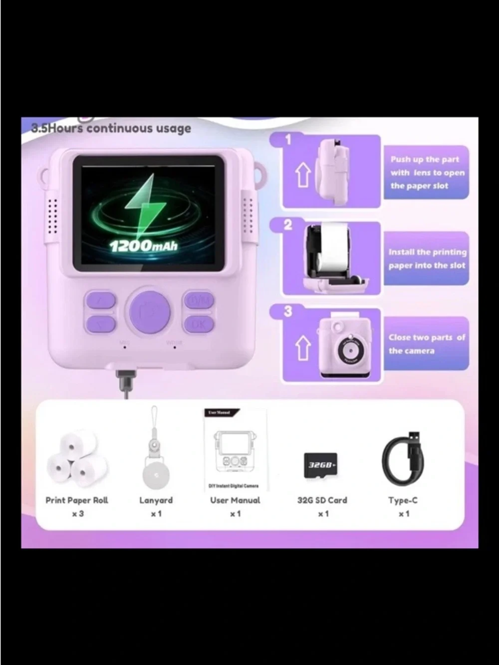 Purple Instant Print Camera for Kids